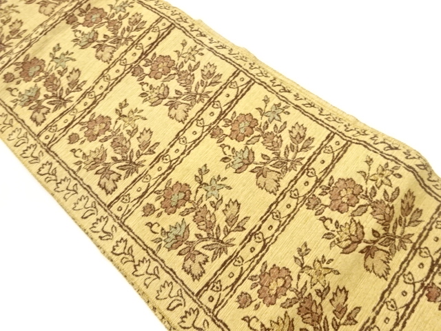 手織り紬横段に草花模様織出し名古屋帯